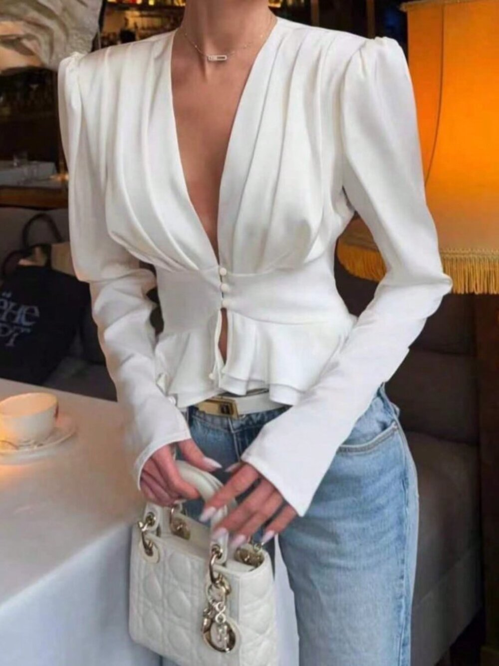 White Elegant Women's Deep V-Neck Ruffle Hem Cinched Waist Blouse